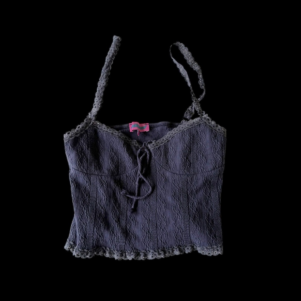 Edikted Navy Blue Lace Trim Cropped Cami Top Smocked Tie Front Women Medium